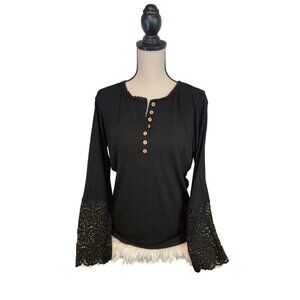 Womens Henley Top Large Black Bell Sleeve Crochet Cuffs Button Ribbed Knit Goth